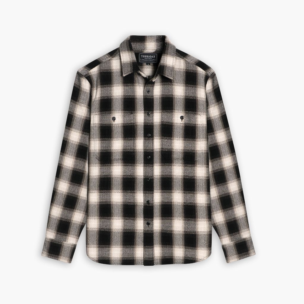 Men's Flannel Shirt in Black & Cream 'Hawk' Buffalo Check - Thursday