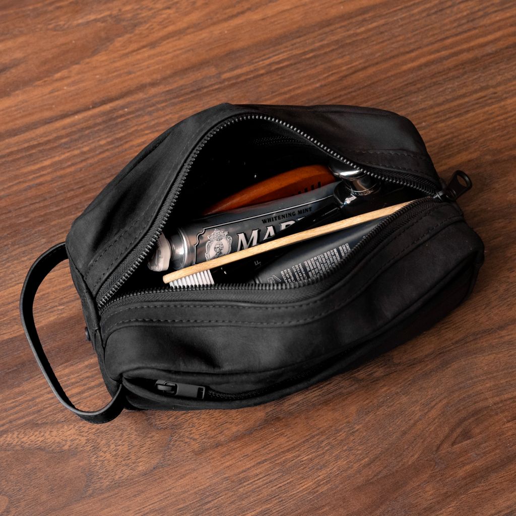 designer mens travel toiletry bag Men's Dopp Kit Toiletry Bag in Black Matte Leather
