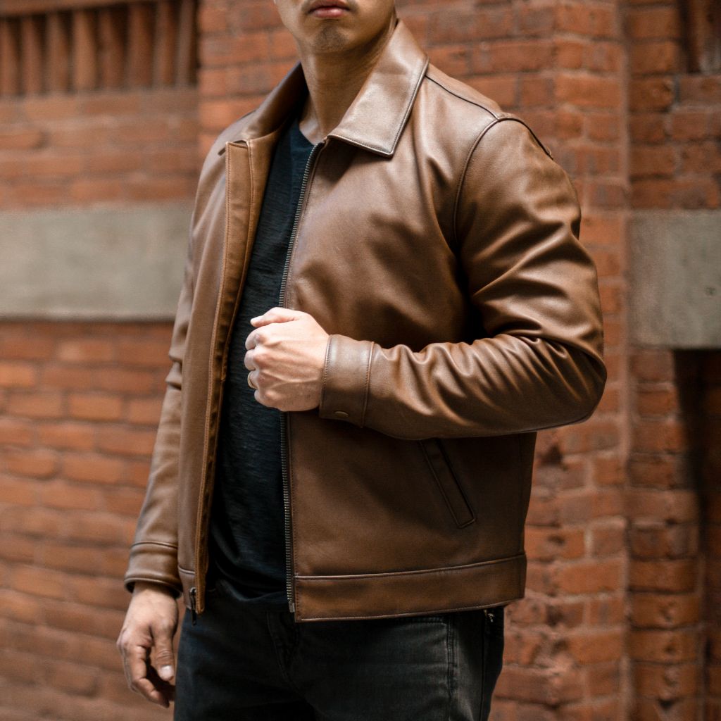 Men's Keanu Point Collar Jacket in Tan 'Walnut' Leather - Thursday