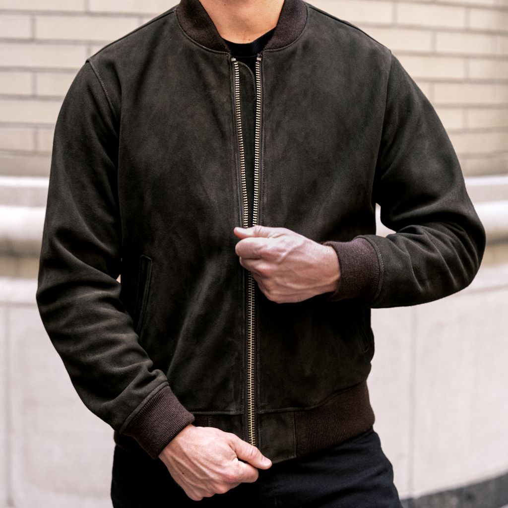 Men's Bomber Jacket In Dark Olive Suede - Thursday