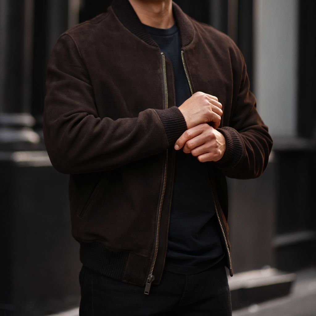 Men's Bomber Jacket In Brown 'Espresso' Oil Snuff Suede - Thursday