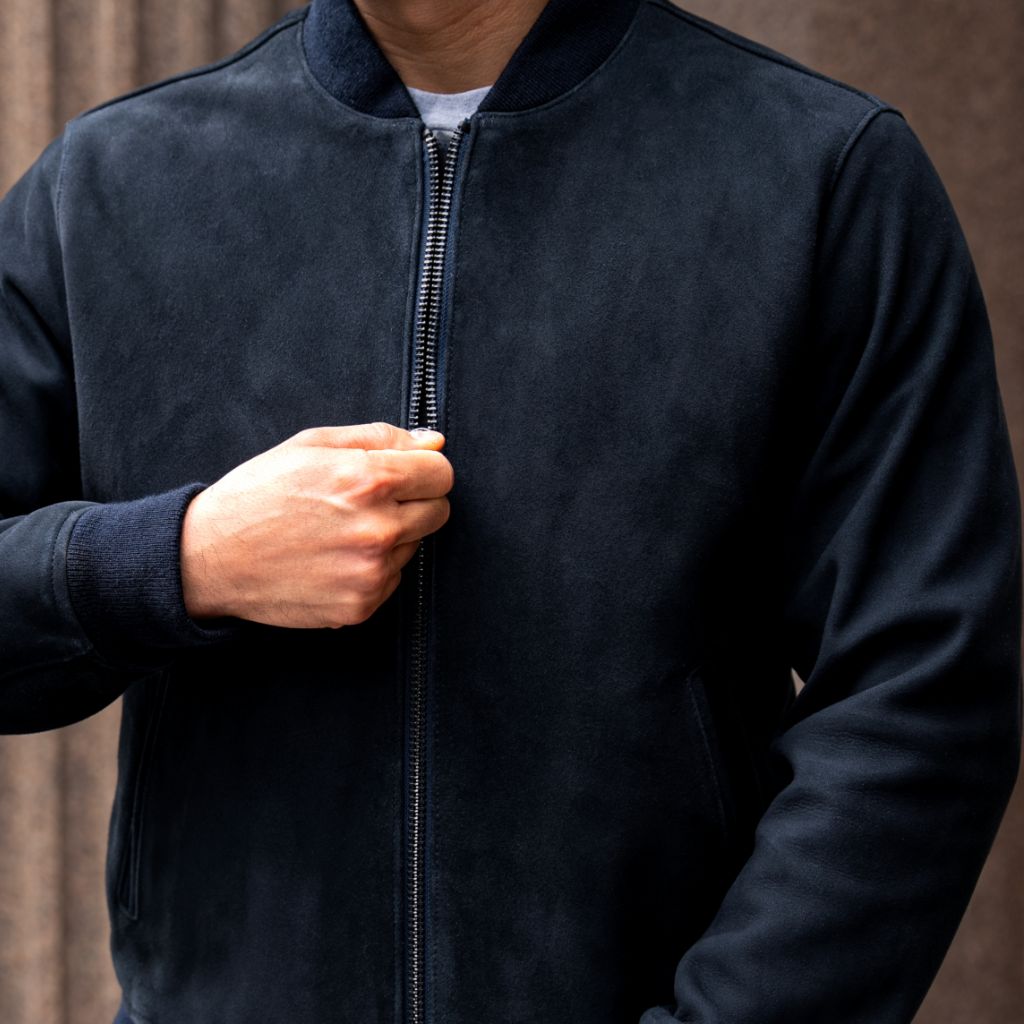 Men's Bomber Jacket In Navy Blue Suede - Thursday