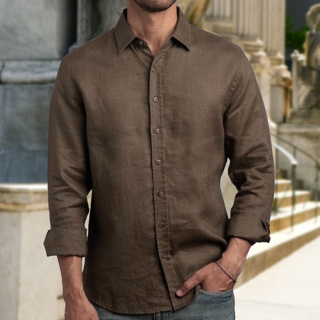 Men's Lightweight 100% Linen Shirt In Brown - Thursday