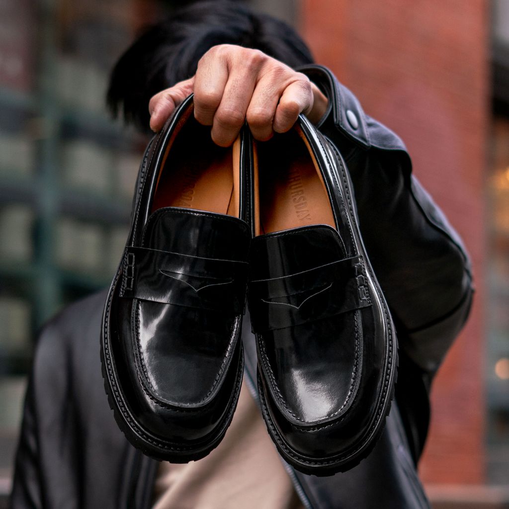 Men's Penny Lug Sole Loafer In Black Leather Thursday