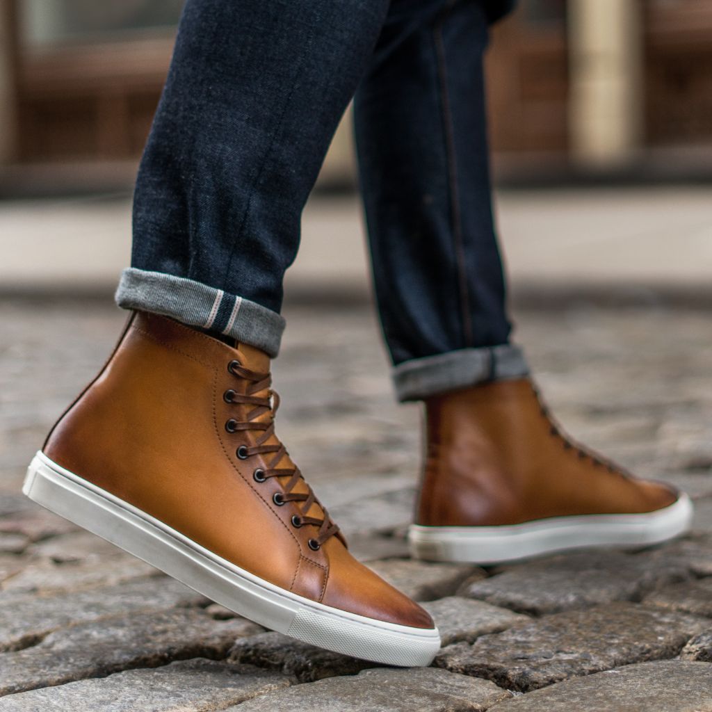 Men s Premier High Top Sneaker In Toffee Tan Leather Thursday