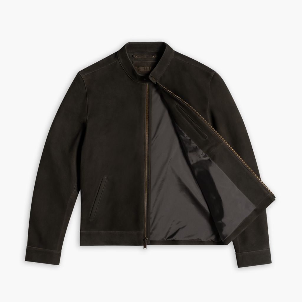 ダークライ Men's Racer Jacket In Dark Olive Suede - Thursday Boot Company