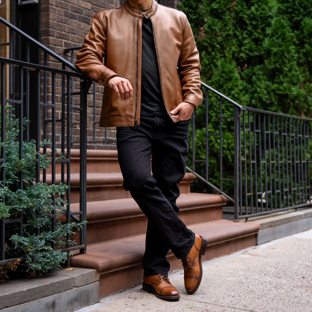 Men's Racer Jacket In Rich Tan 'Toffee' Leather - Thursday