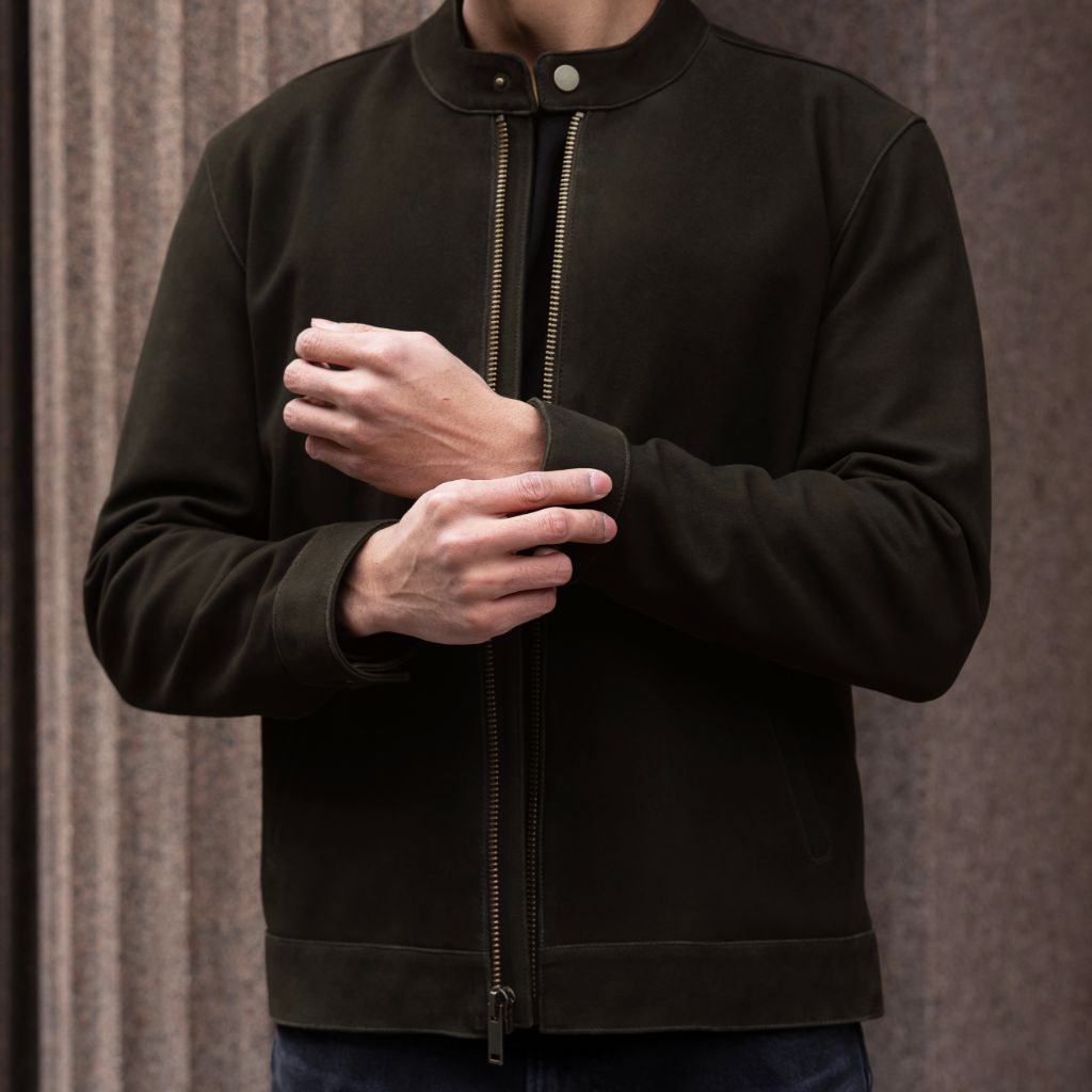 ダークライ Men's Racer Jacket In Dark Olive Suede - Thursday Boot Company