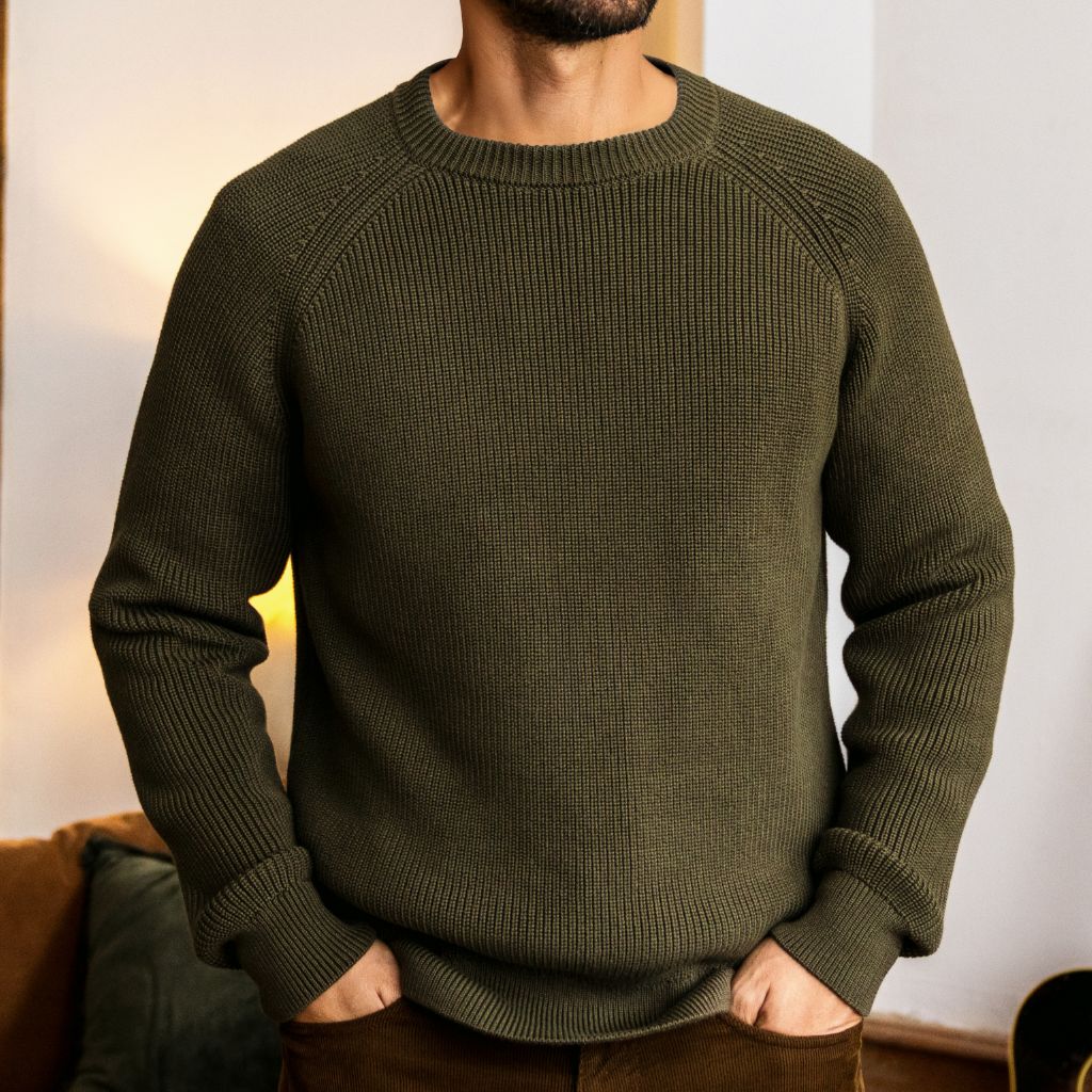 Men's Ribbed Cotton Crewneck Sweater in Olive - Thursday