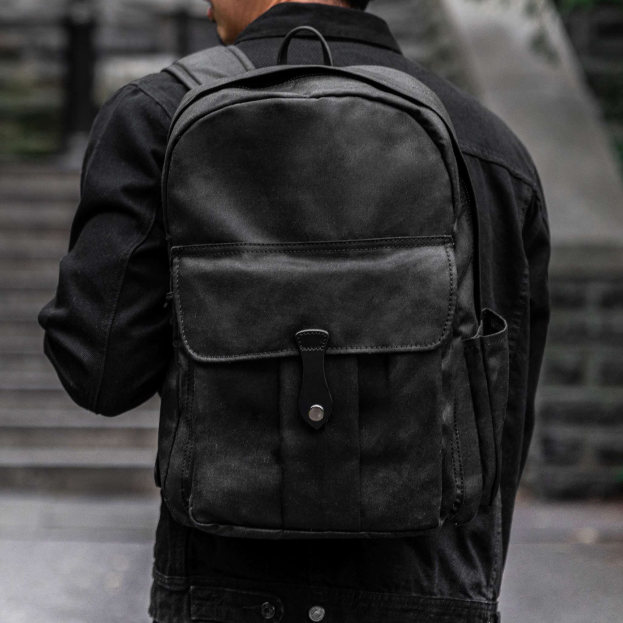 Men's Adventure Pack in Black Waxed Canvas - Thursday