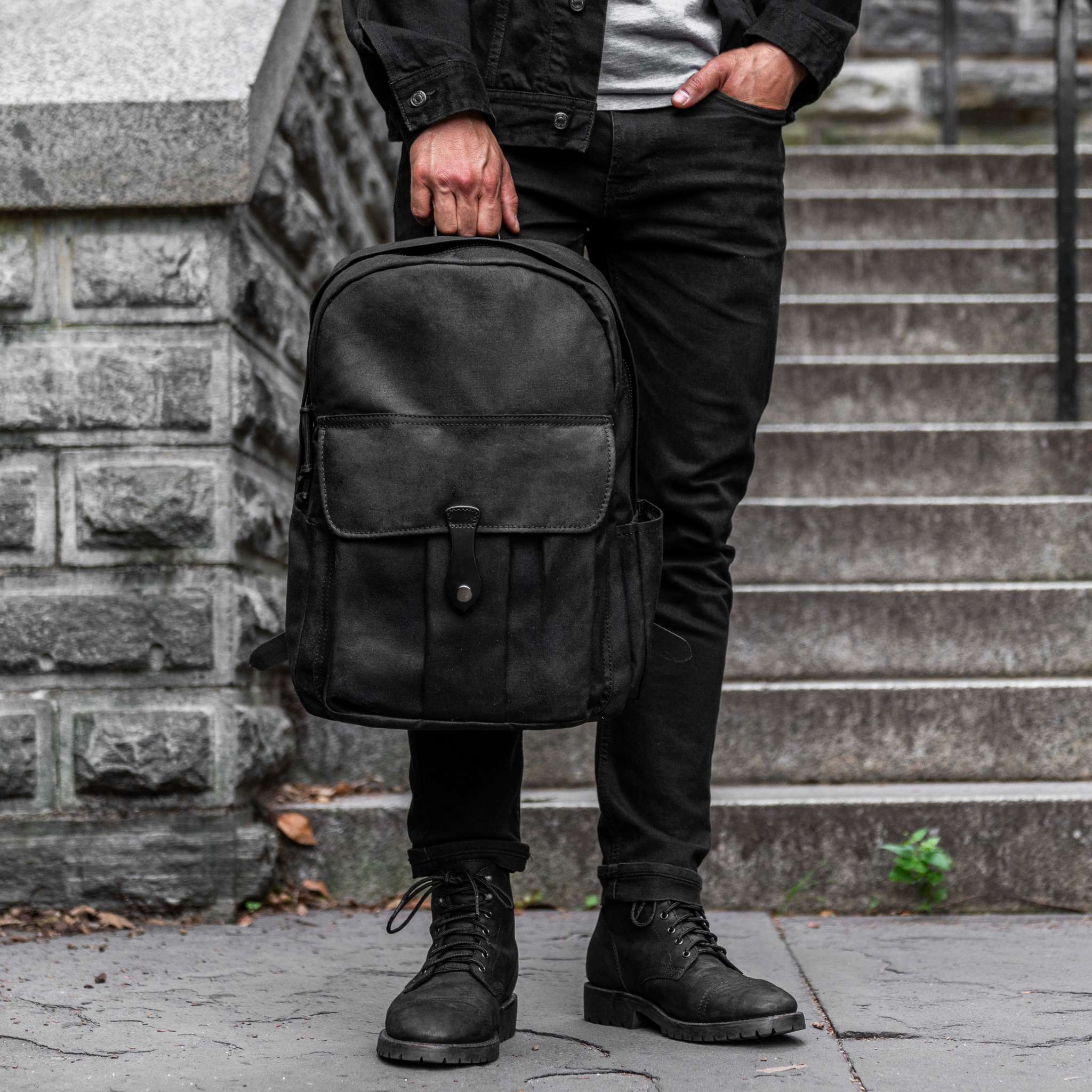 Men's Adventure Pack in Black Waxed Canvas - Thursday