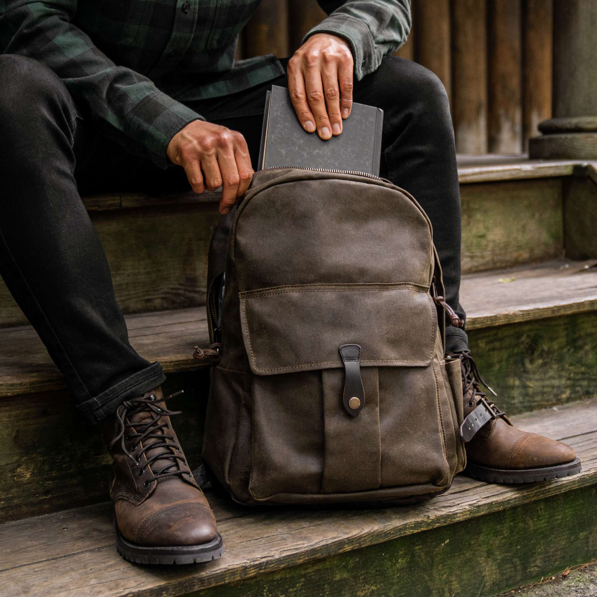 Men's Adventure Pack in Dark Olive Waxed Canvas