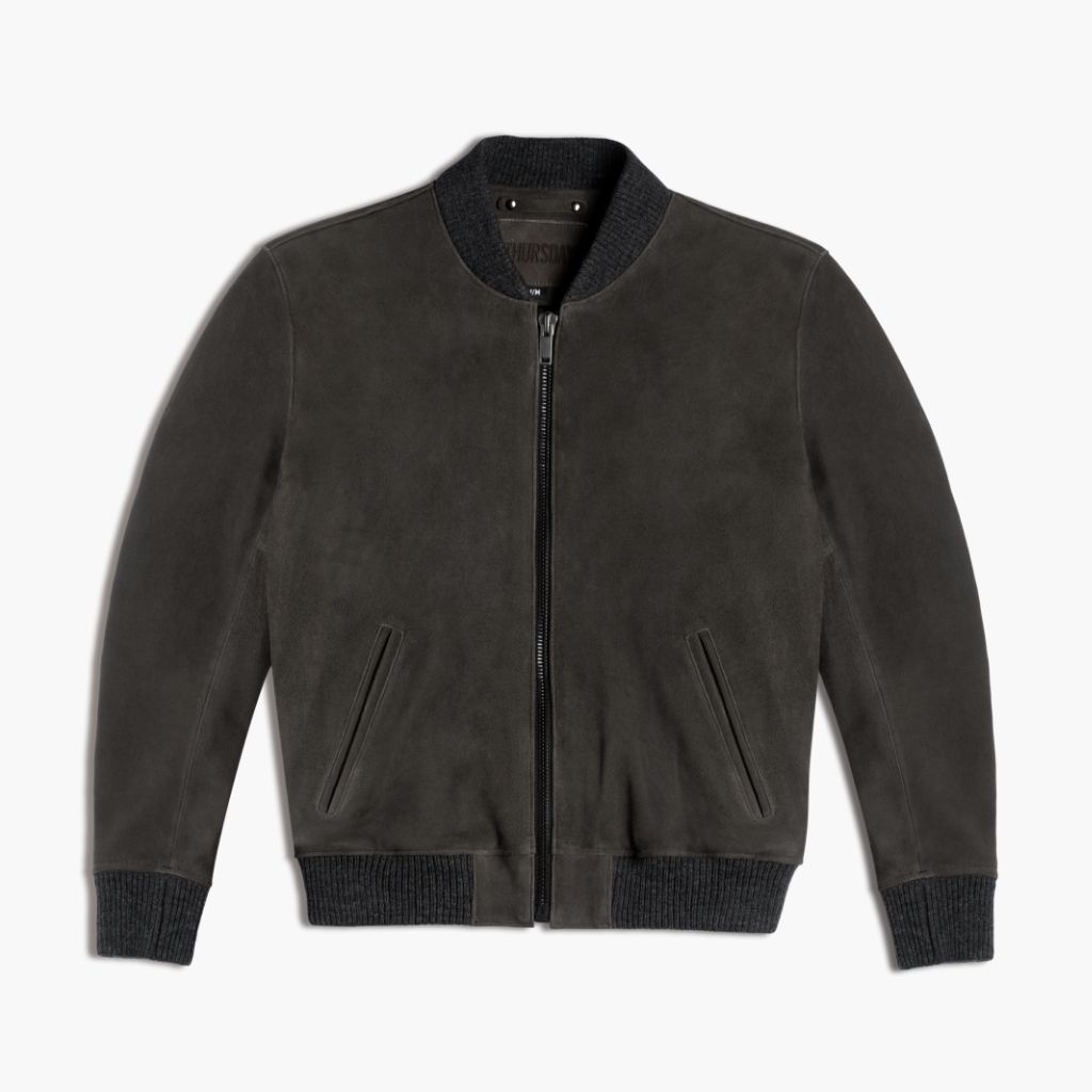 Men's Bomber Jacket In Dark Grey Oil Snuff Suede Thursday