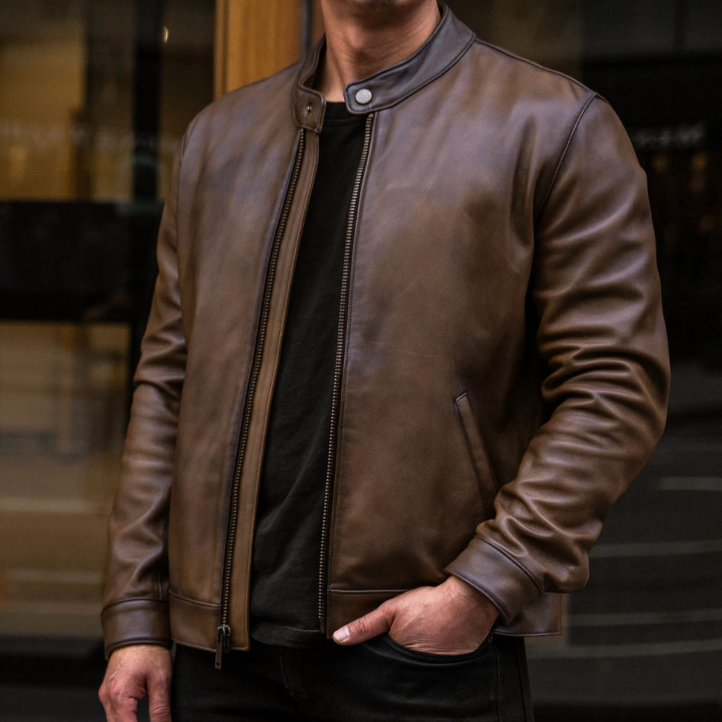 Men's Racer Jacket In Brown 'Anejo' Leather - Thursday