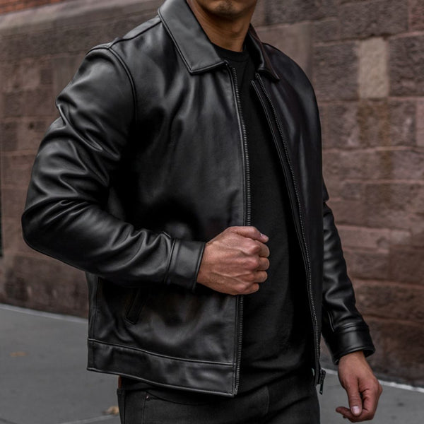 Black leather jacket with collar hotsell