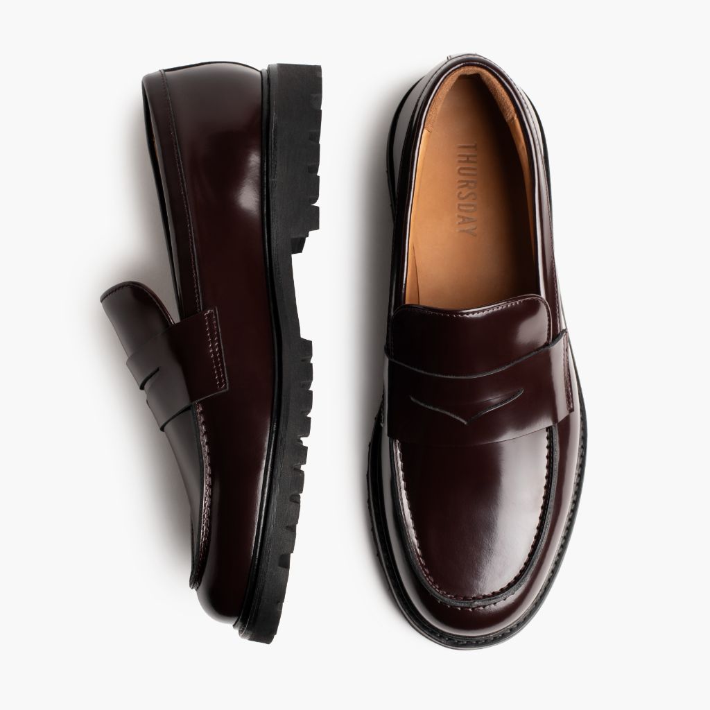 Men's Penny Lug Sole Loafer In Burgundy Leather - Thursday