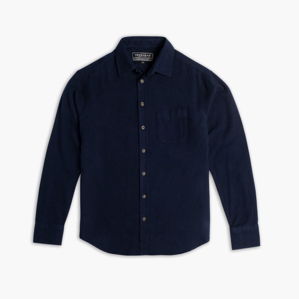 Men's Solid Brushed Cotton Shirt in Navy - Thursday
