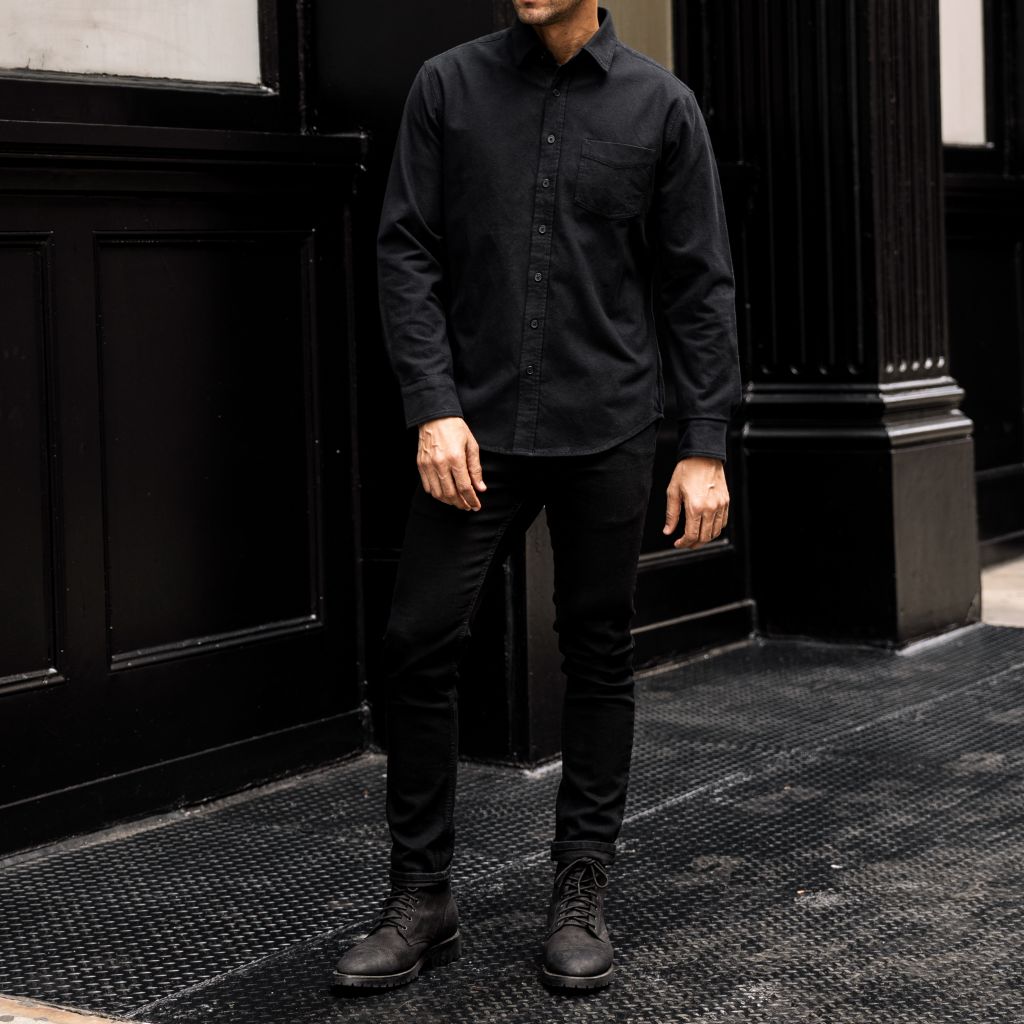 Men's Solid Brushed Cotton Shirt in Black - Thursday Men's Solid Brushed Cotton Shirt in Black - Thursday