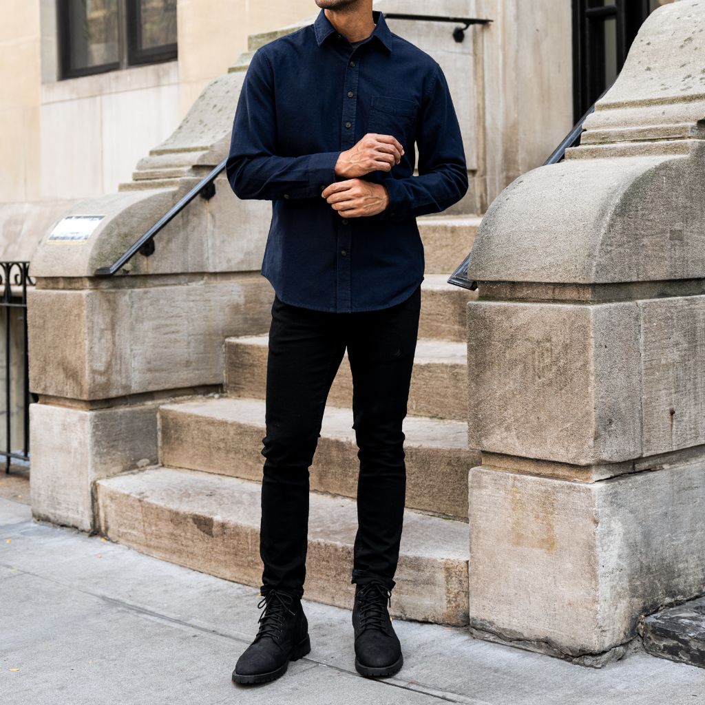 Men's Solid Brushed Cotton Shirt in Navy Blue - Thursday Men's Solid Brushed Cotton Shirt in Navy Blue - Thursday