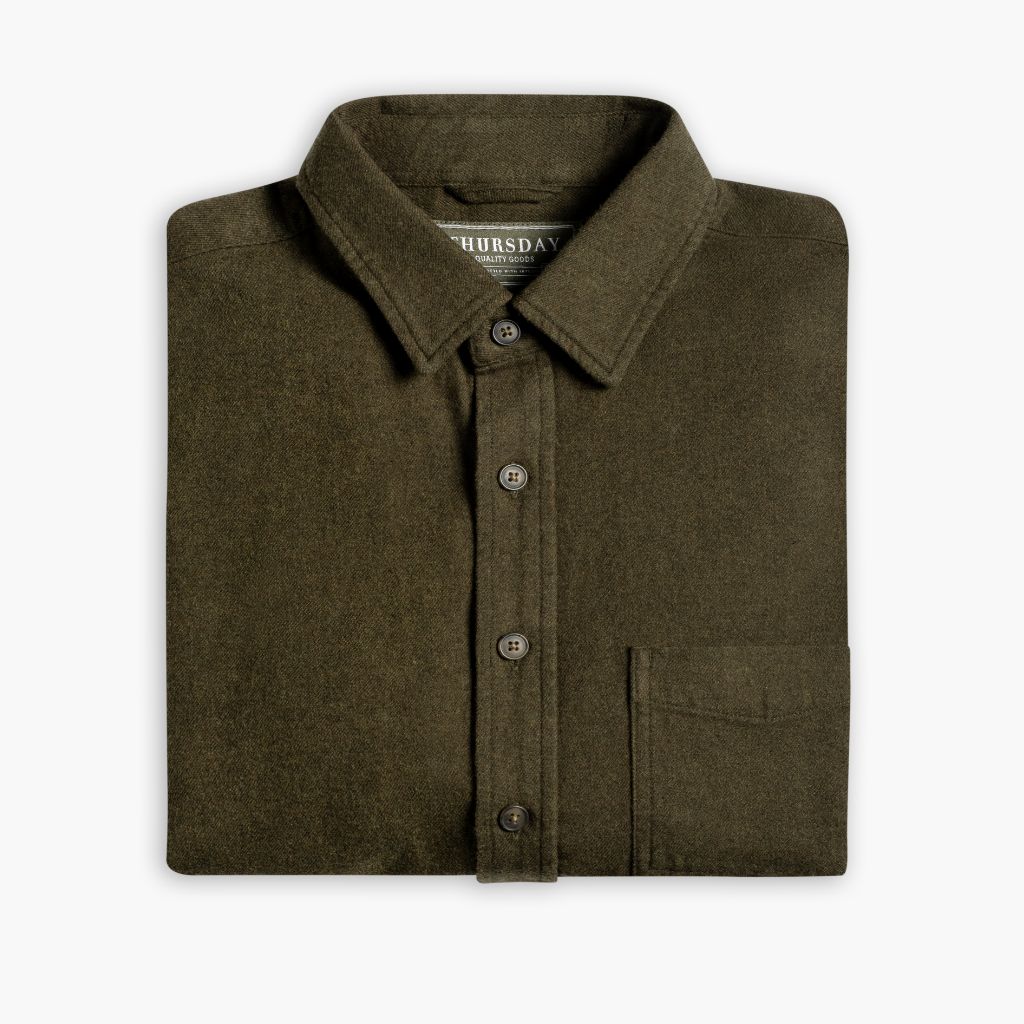 Men's Solid Brushed Cotton Shirt in Olive Green - Thursday Men's Solid Brushed Cotton Shirt in Olive Green - Thursday