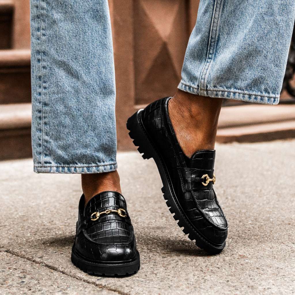 Women's Penny Horsebit Leather Loafer In Black Croco Print Thursday