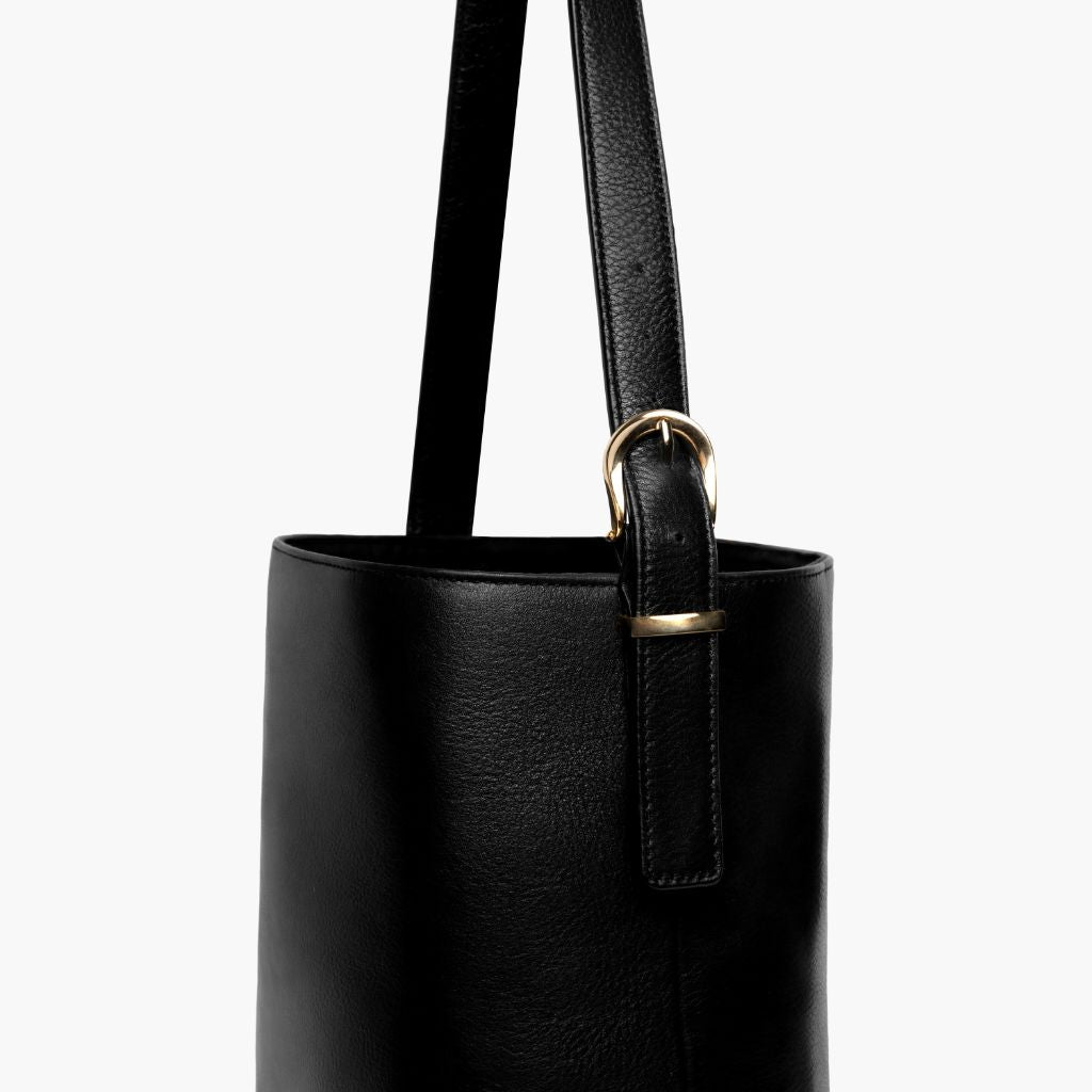 Women s Leather Bucket Bag in Black Gold Thursday