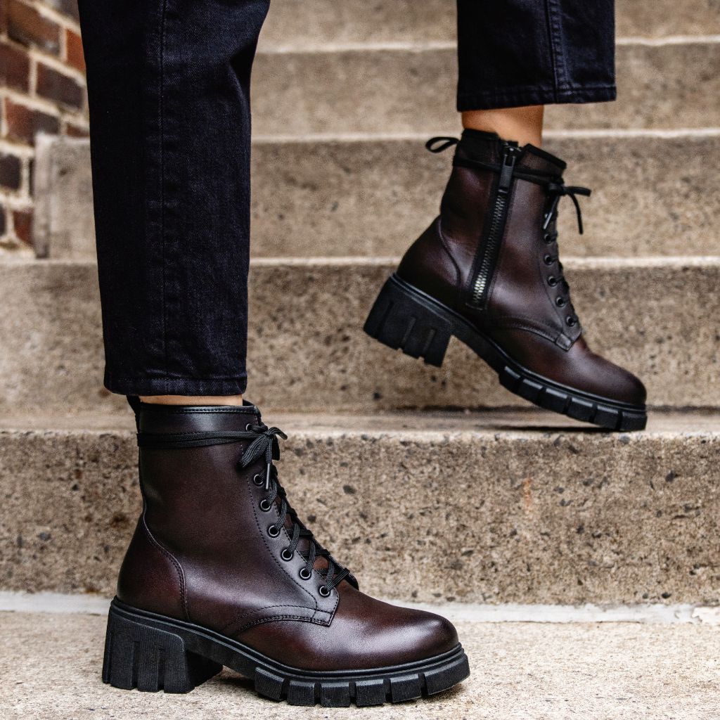 Women's Coda High Heel Zip-Up Boot In Black Cherry Leather - Thursday