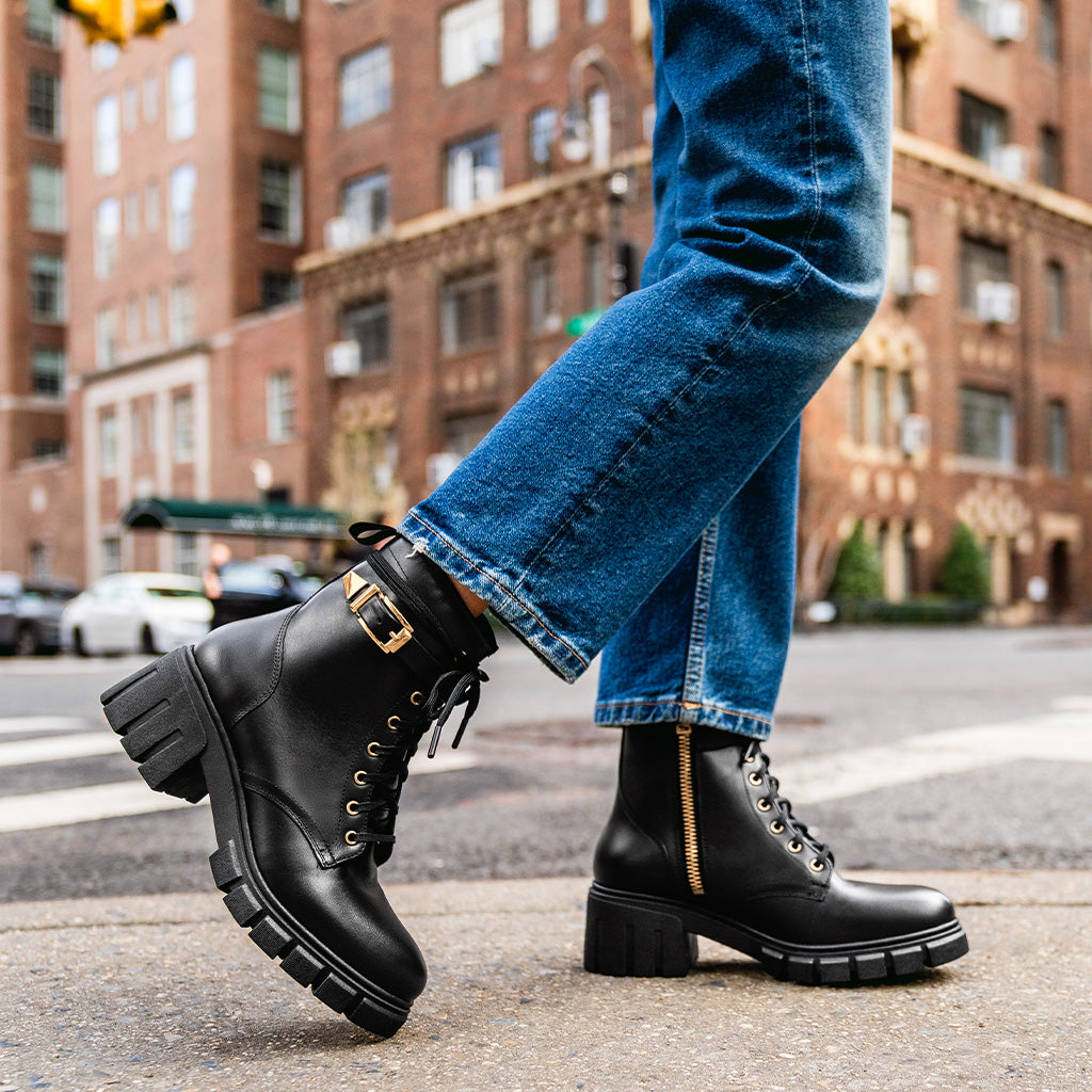 womens black lace up dress boots Womens Black Lace-up Chunky Platform Boots
