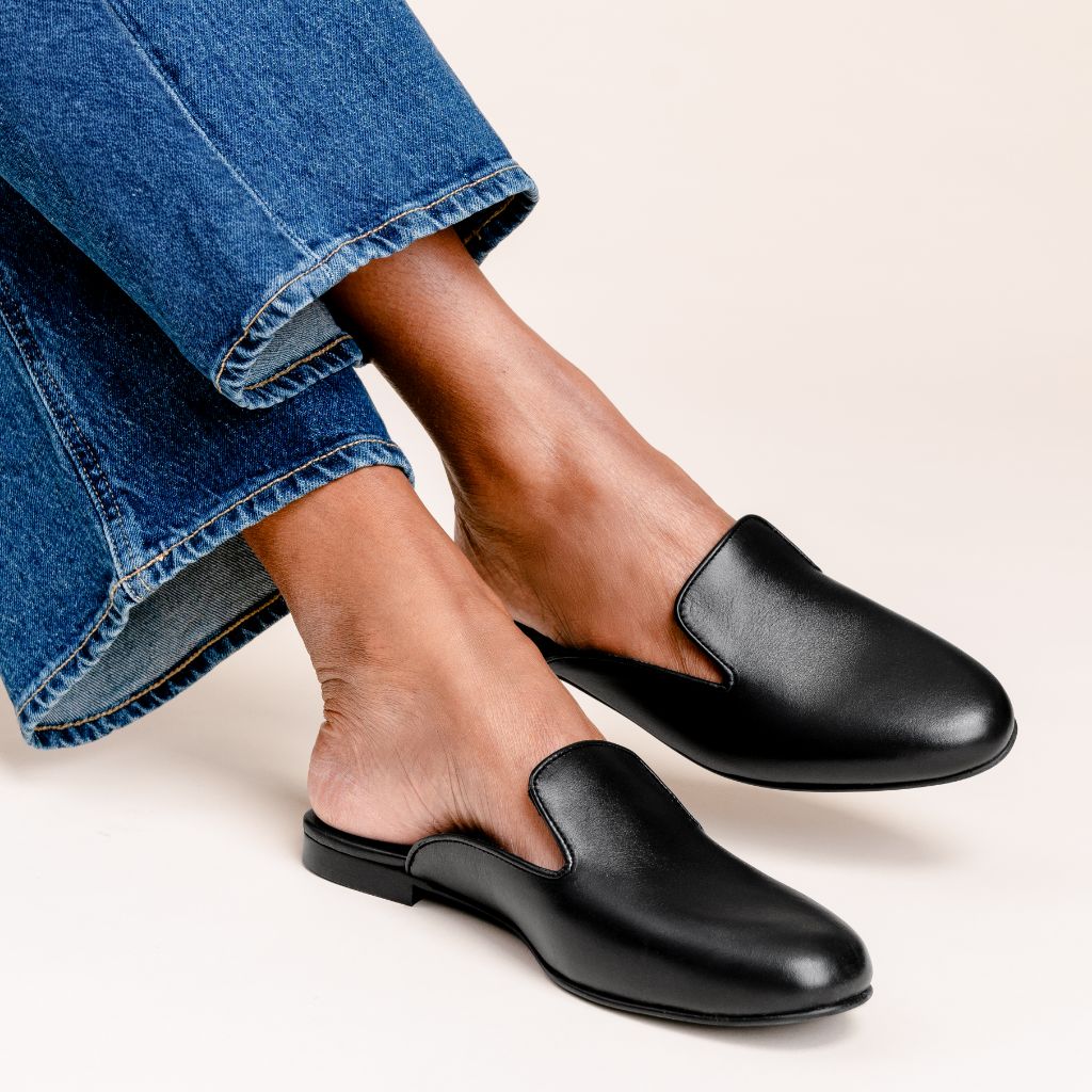 black dress mule shoes Women's Eden Shoe in Leather Color:Caramel Laura | Black Mini Lightly cushioned leather footbed black bodycon mini dresses