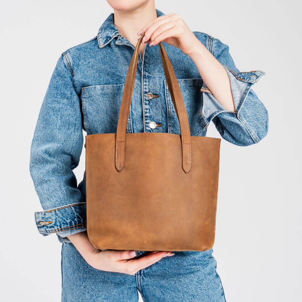 Women's Small Leather Tote Bag in Tan 'Vintage Cognac' - Thursday