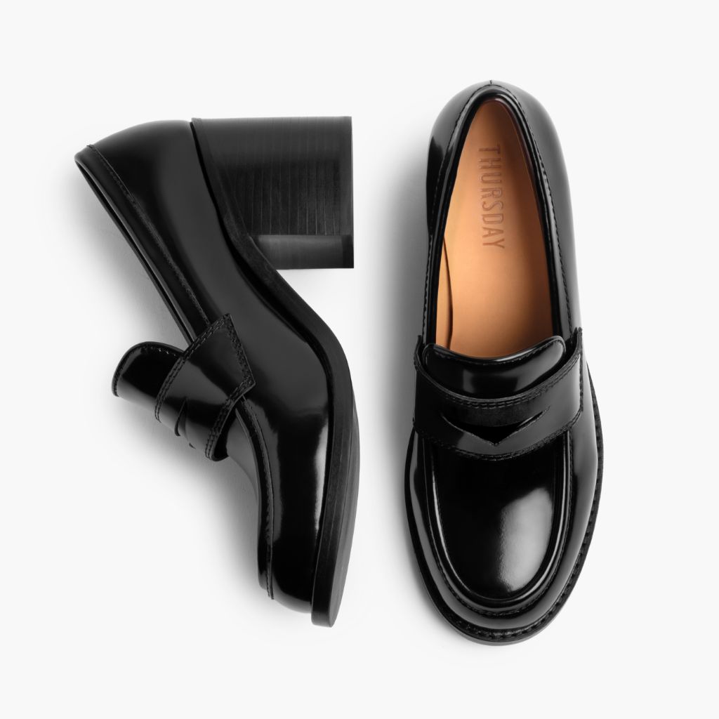 Women's High Heel Penny Loafer In Black Leather - Thursday