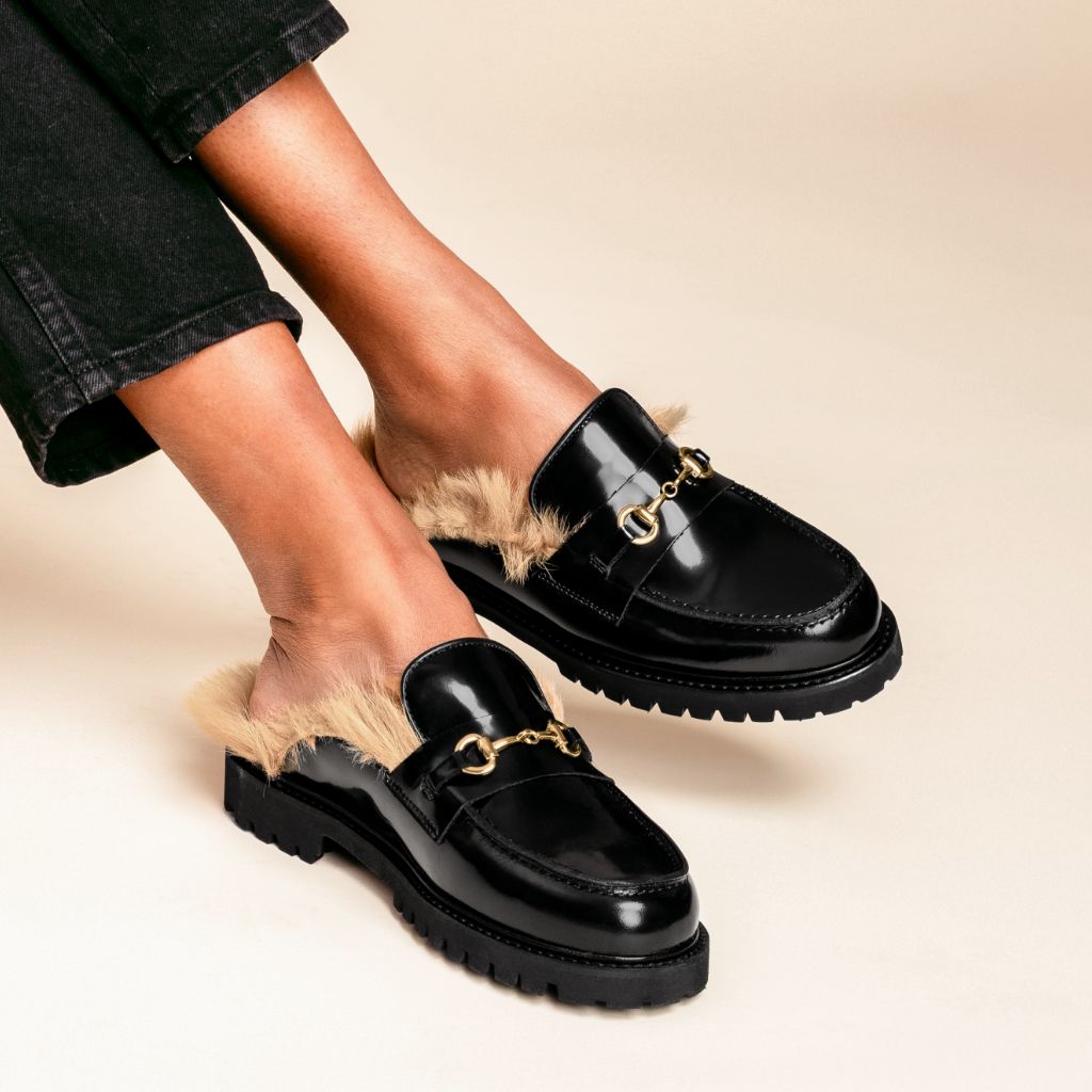Shoes Fur Loafers Womens Thursday Boot Company Women's Black Leather Penny  Mule Size