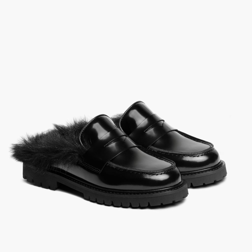 Women's Penny Mule Shoe In Black Shearling - Thursday