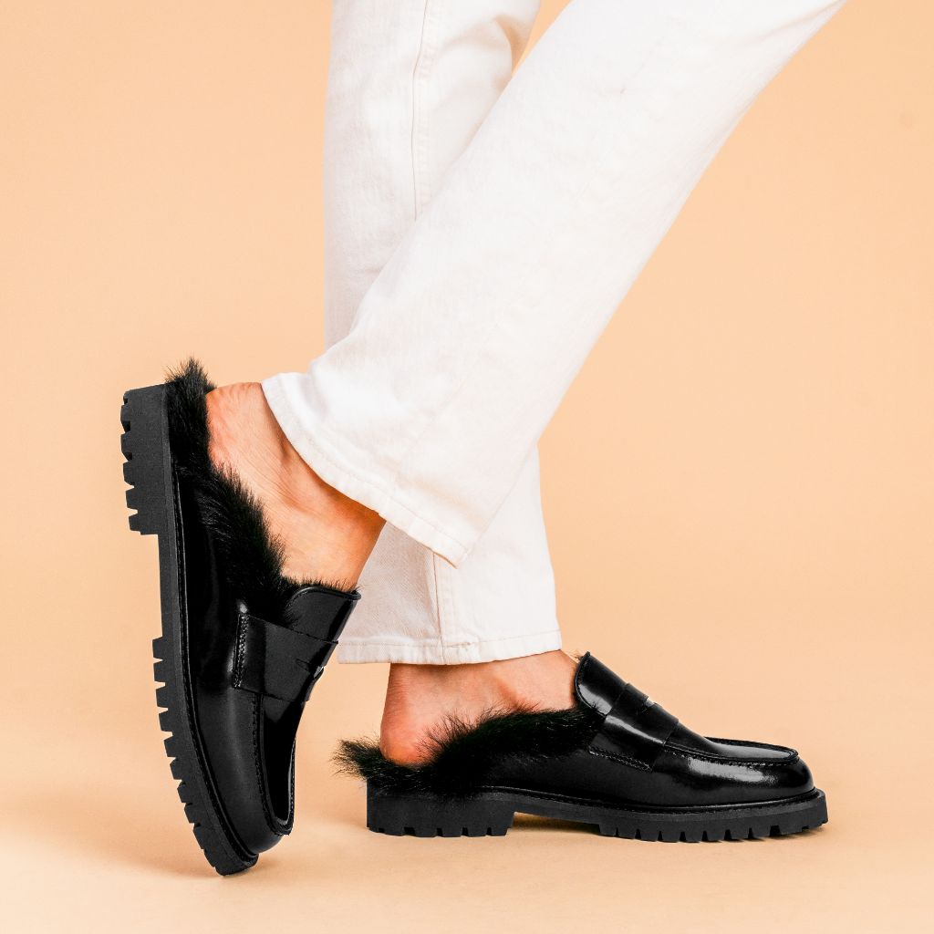 Women's Penny Mule Shoe In Black Shearling Women's Penny Mule Shoe In Black Shearling