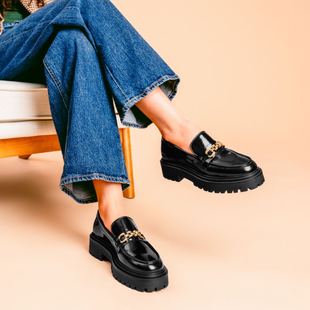 Women's Penny Platform Lug Sole Loafer In Black & Gold Link - Thursday