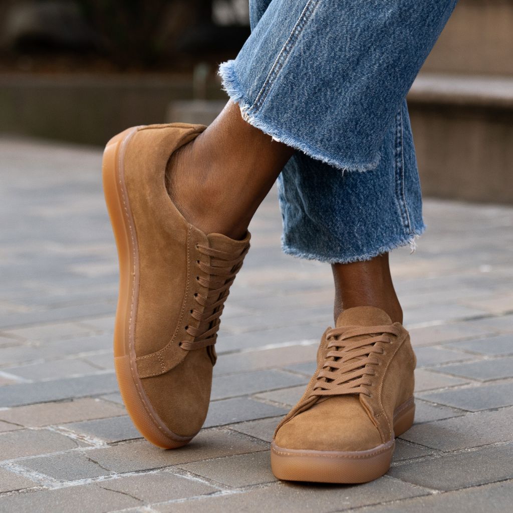 dress sneakers women Women's Premier Low Top In Tan 'Camel' Suede