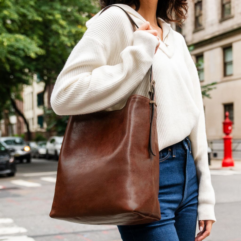 Brown leather bucket bag hotsell