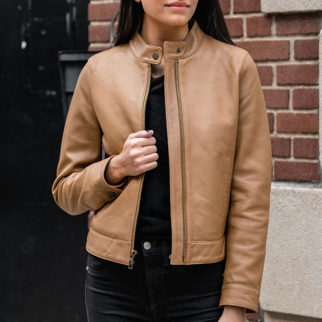 Women's Light Brown Leather Jacket with Black Border