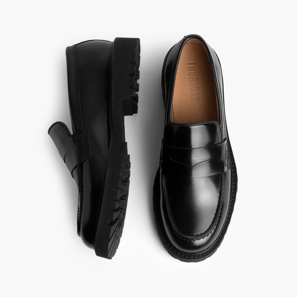 Women's Penny Lug Sole Loafer In Black Leather Thursday