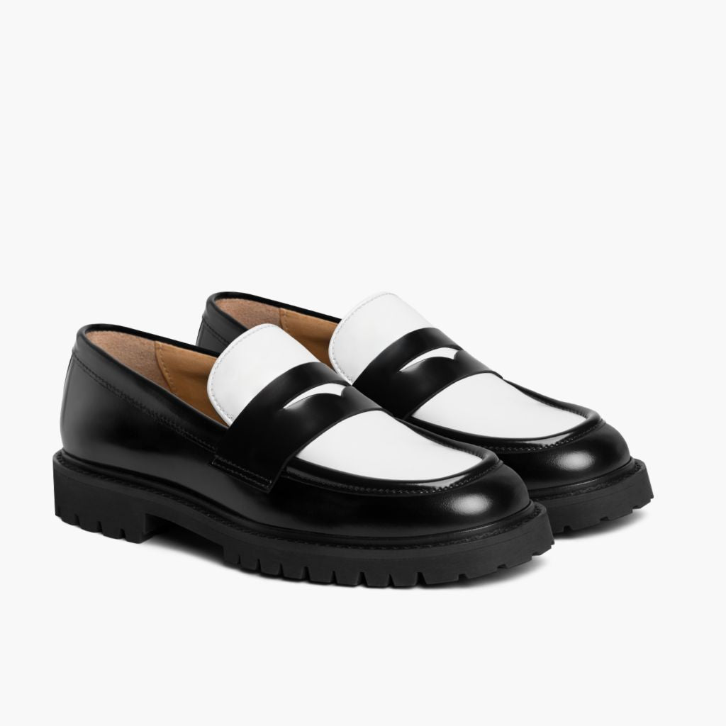 Women's Penny Lug Sole Loafer In Black & White Leather - Thursday