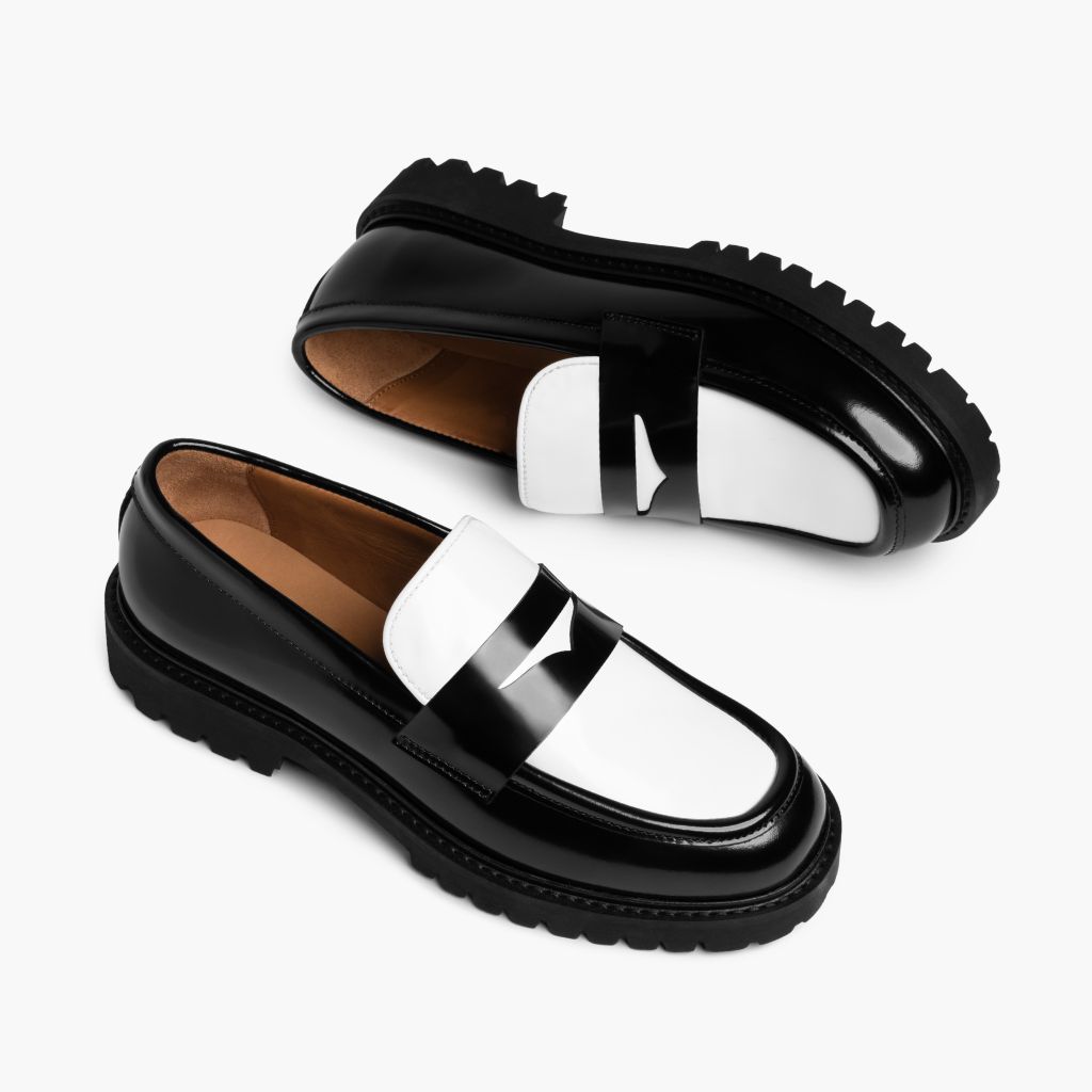 Men's Penny Lug Sole Loafer In Black & White Leather - Thursday