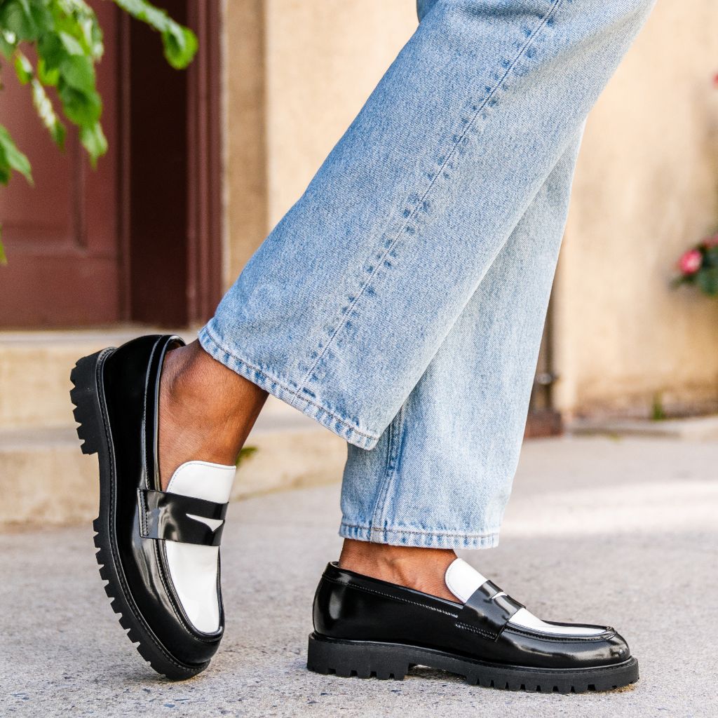 Women’s Penny Lug Sole Loafer In Black & White Leather - Thursday