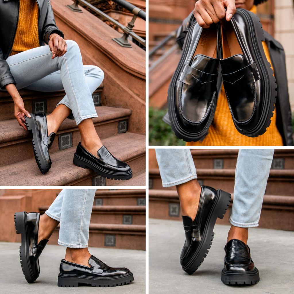 Women s Penny Platform Lug Sole Loafer In Black Leather Thursday