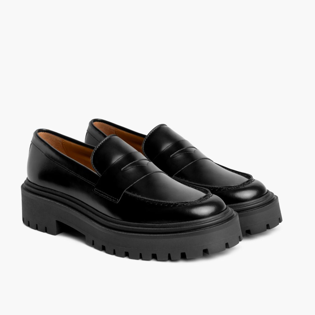 Women's Penny Platform Lug Sole Loafer In Black Leather - Thursday