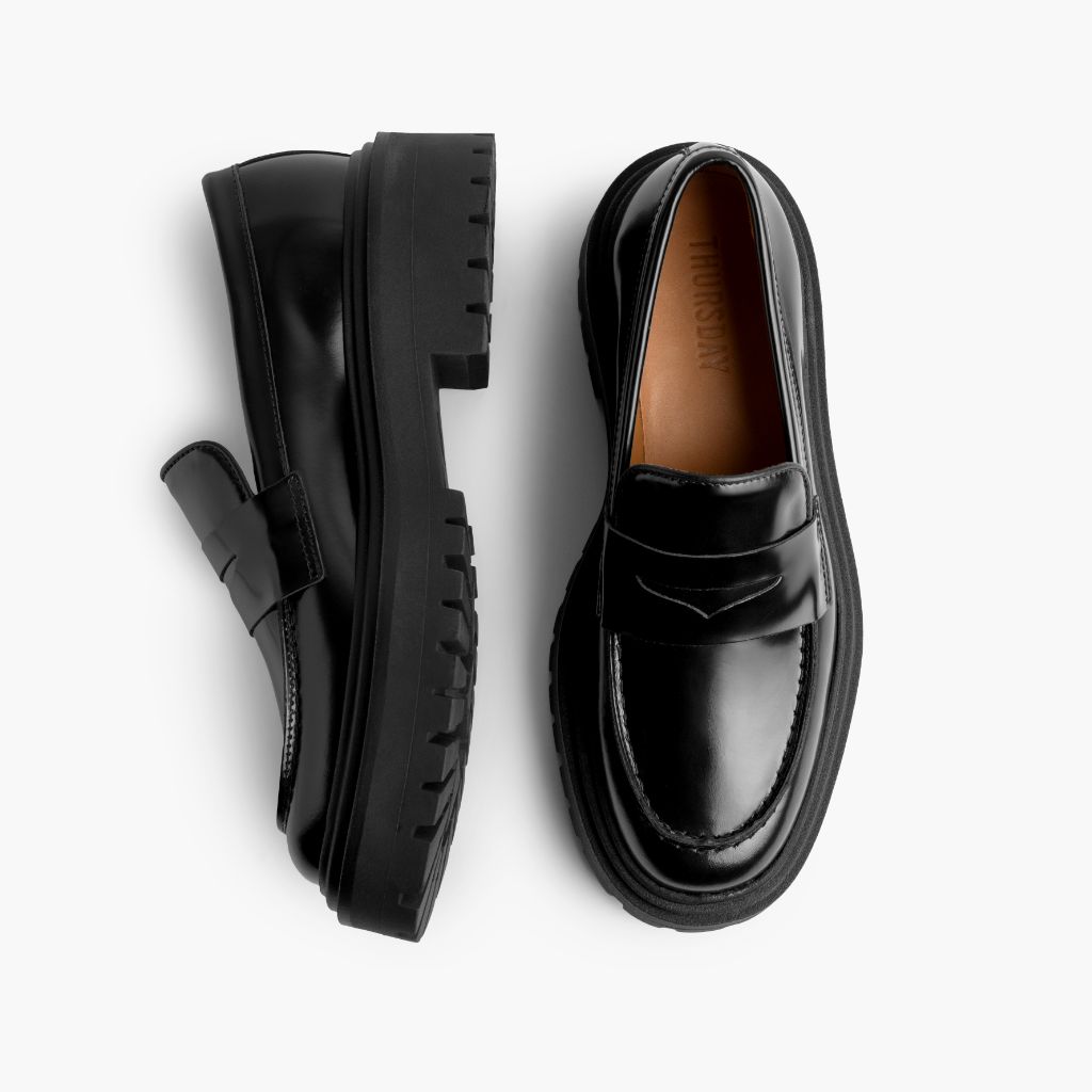platform dress shoes for women Women's Penny Platform Lug Sole Loafer In Black Leather