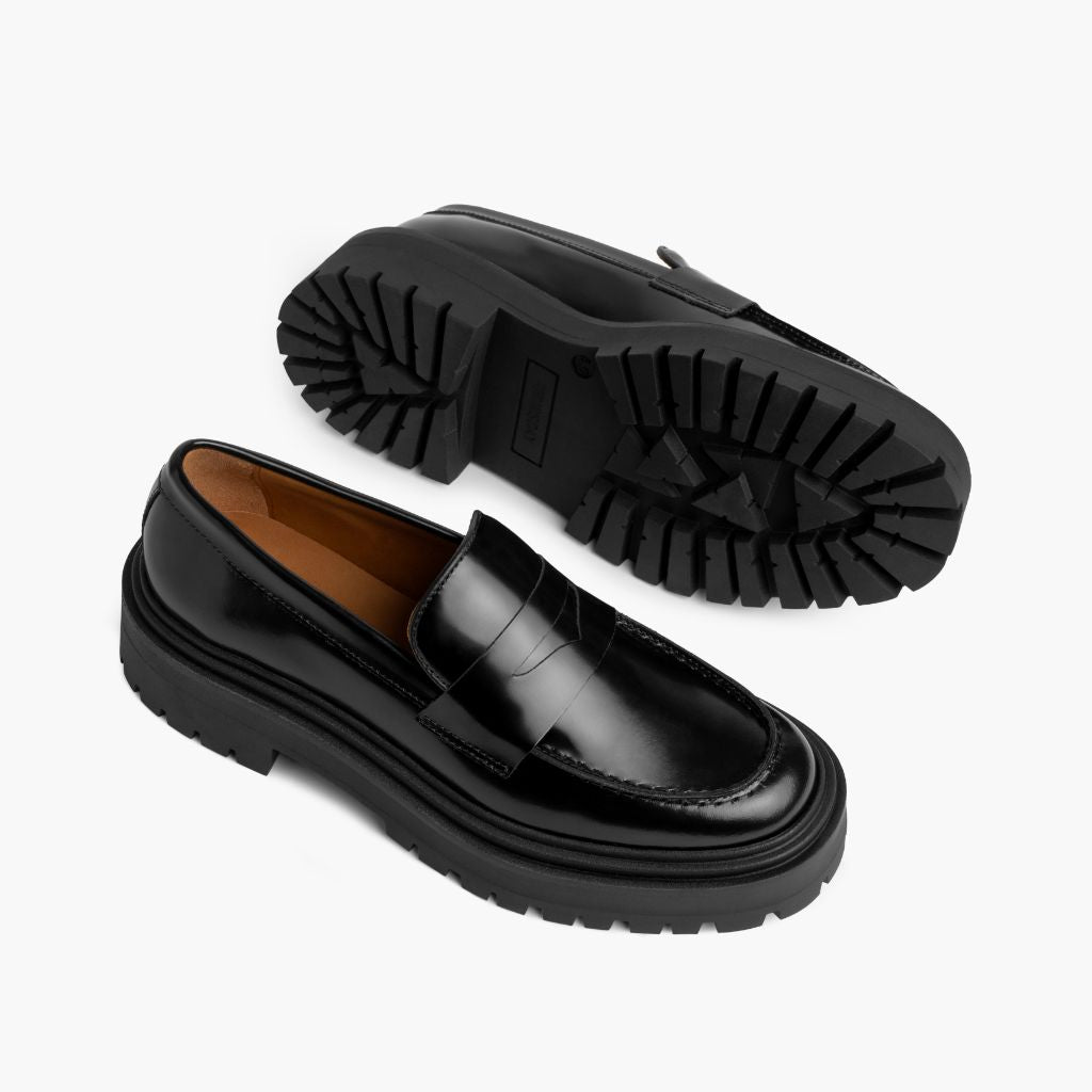 platform black dress shoes Women's Penny Platform Lug Sole Loafer In Black Leather