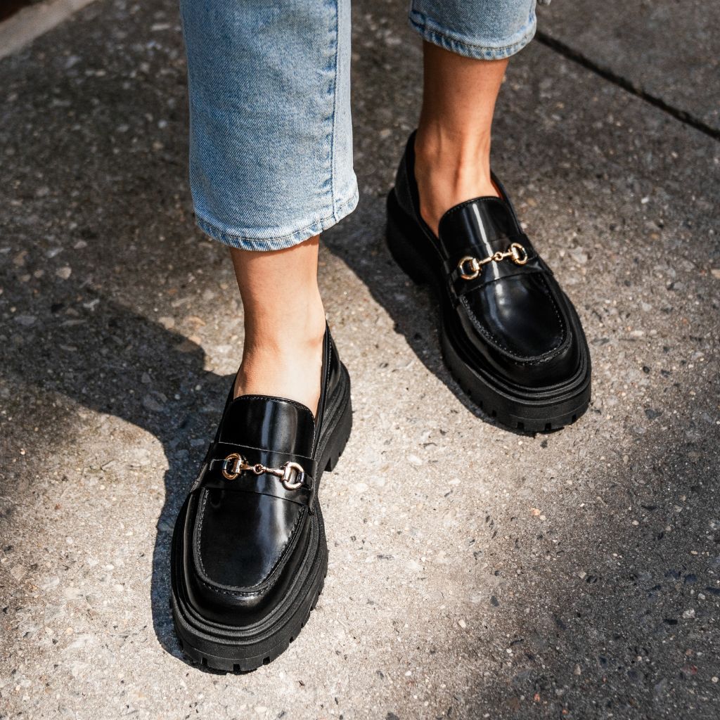 Thursday Boot Platform Moccasin Shoes Penny Platform Black Gold