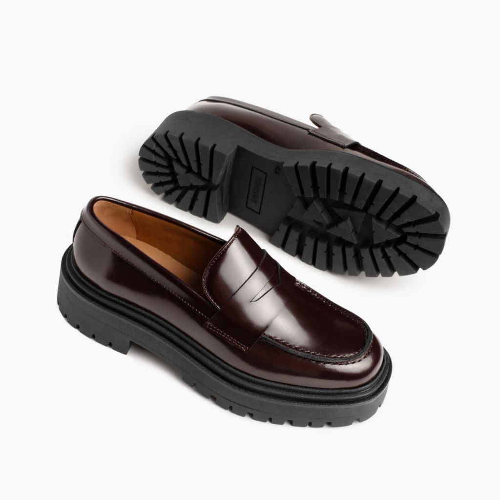 【PORTERNA】Day over loafers Women's Penny Platform Lug Sole Loafer In Burgundy Leather