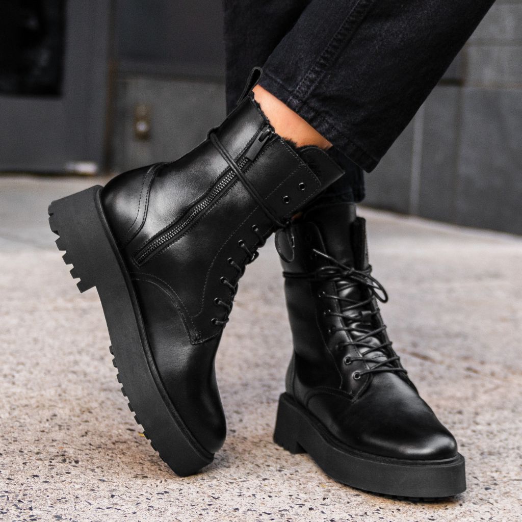 Women's Quest Combat Platform Boot in Black Shearling