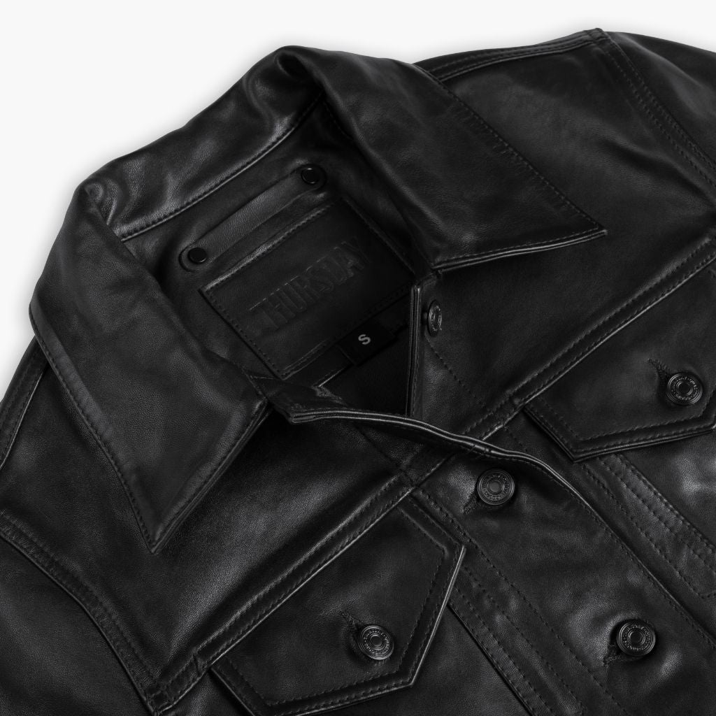 Women's Leather Trucker Jacket in Black - Thursday